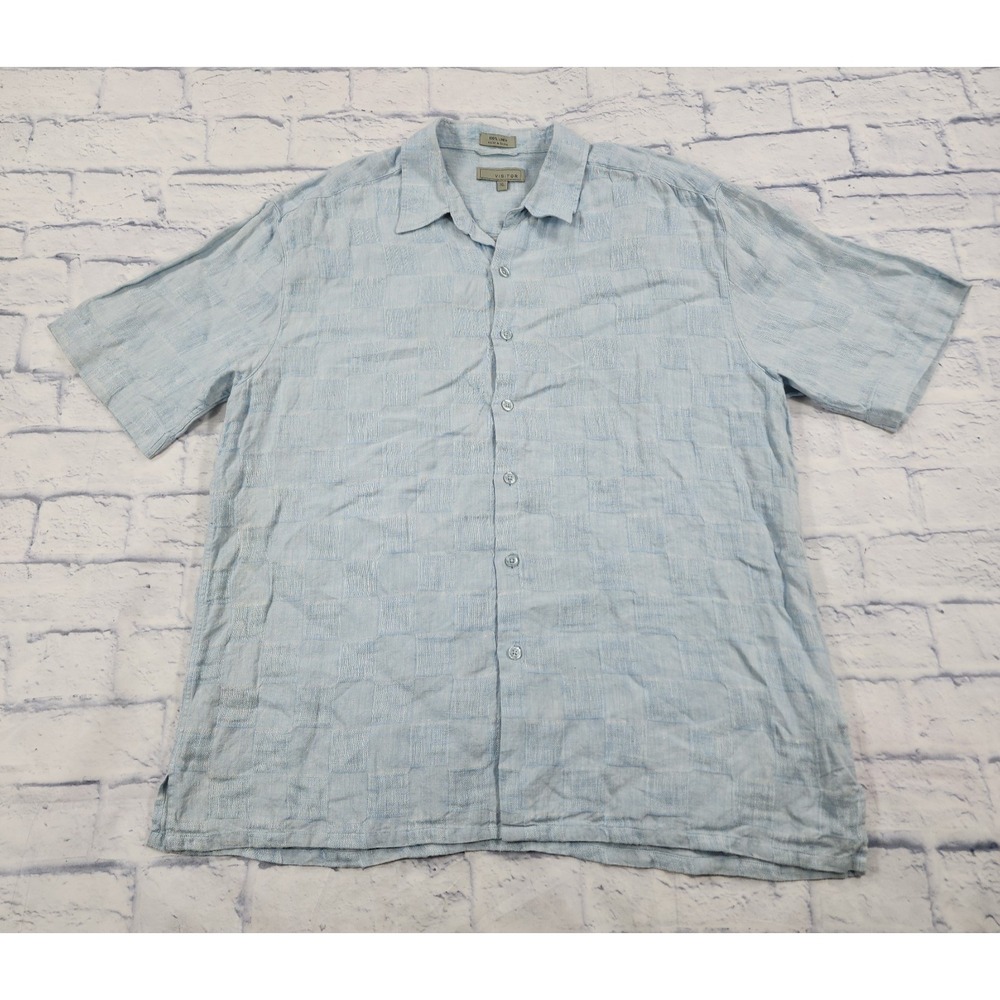 Visitor MENS XL Linen Shirt Blue Checkerboard Short Sleeve Button